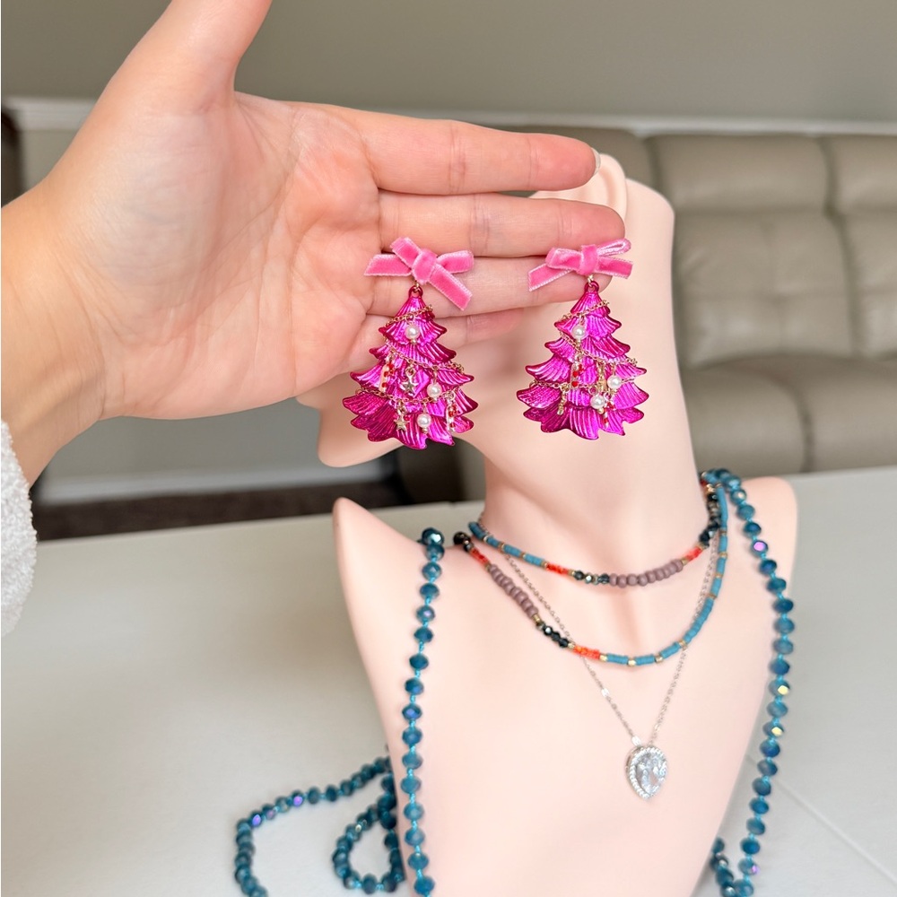 Pink Ribbon Tree Drop Earrings - Picture 8 of 13
